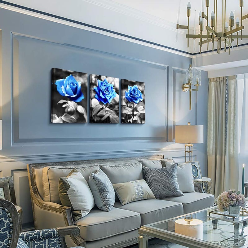TTHYUEWS bedroom Wall Art for living room bathroom Wall Decor for kitchen family pictures artwork Black and white Blue rose flowers Canvas paintings 16" x 24" 3 Pieces framed Modern office Home decorations - Image 2